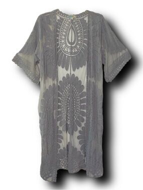 Rebellion Again Gray Lace Mandala Duster Cardigan Sheer Boho Size Small